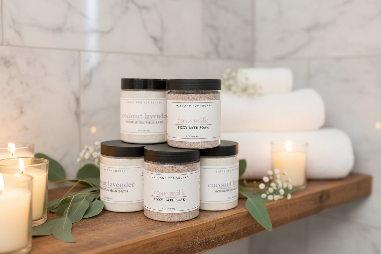 Jars of Lollipop Pop Truffles bath soaps and milk baths on a wooden stand with a colorful floral background.