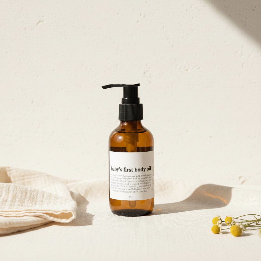 Bottle of 'baby's first body oil' on a light background