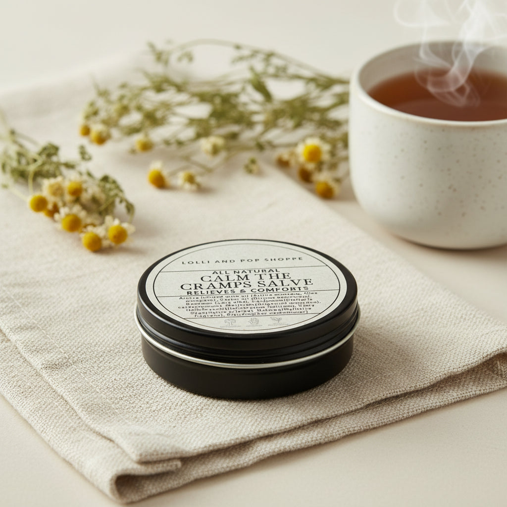 Round container of 'All Natural Calm the Cramps Salve' from Lolli and Pop Shoppe on a wooden surface.