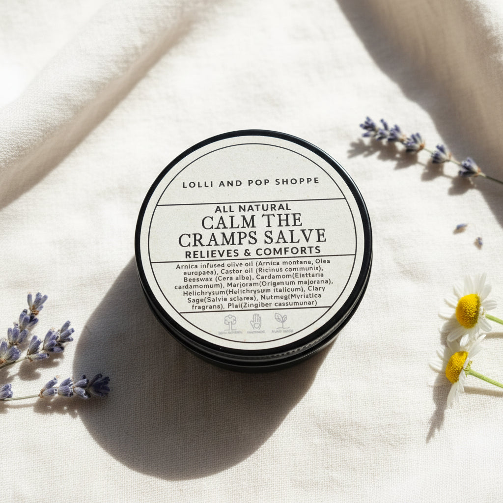 Round container of 'All Natural Calm the Cramps Salve' from Lolli and Pop Shoppe on a wooden surface.