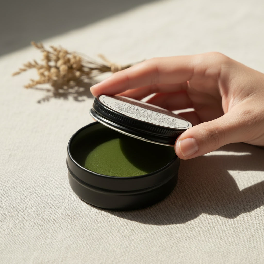 Round container of 'All Natural Calm the Cramps Salve' from Lolli and Pop Shoppe on a wooden surface.