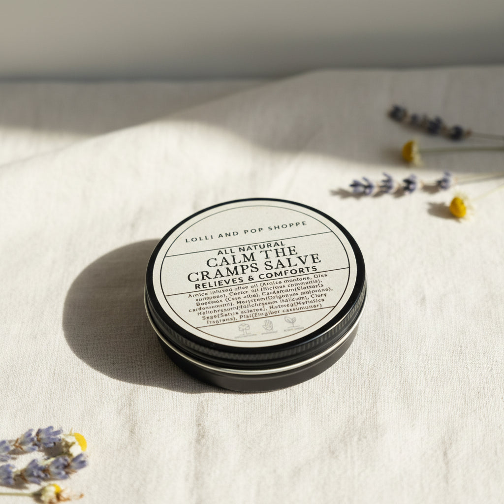 Round container of 'All Natural Calm the Cramps Salve' from Lolli and Pop Shoppe on a wooden surface.