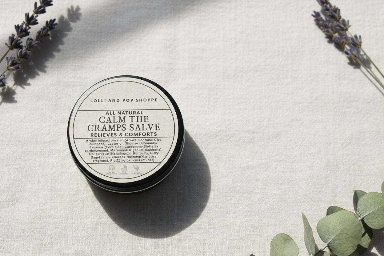 Round container of 'All Natural Calm the Cramps Salve' from Lolli and Pop Shoppe on a wooden surface.