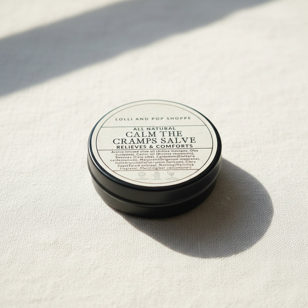 Round container of 'All Natural Calm the Cramps Salve' from Lolli and Pop Shoppe on a wooden surface.