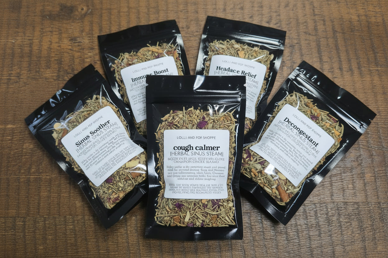 Packaged herbal sinus steam mix on a wooden surface