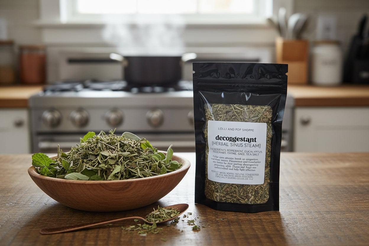 Packaged herbal sinus steam decocggestant on a wooden surface