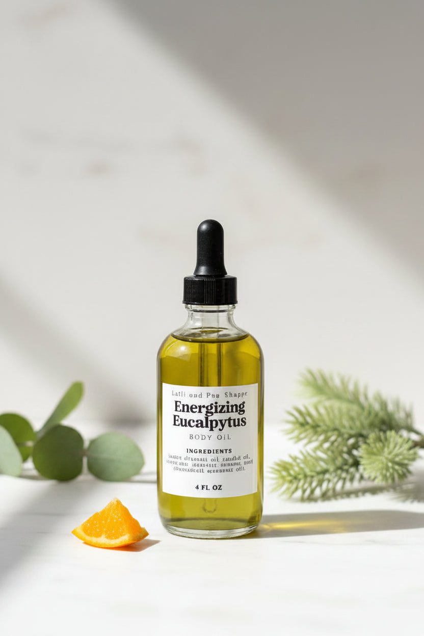 Bottle of 'Energizing Eucalyptus' oil on a light background