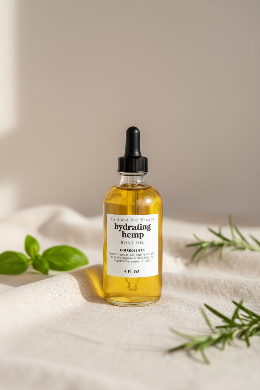 Bottle of hydrating hemp body oil on a neutral background