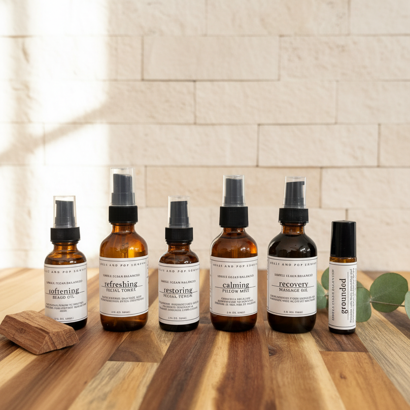 Set of skincare bottles on a wooden surface with a tiled wall background