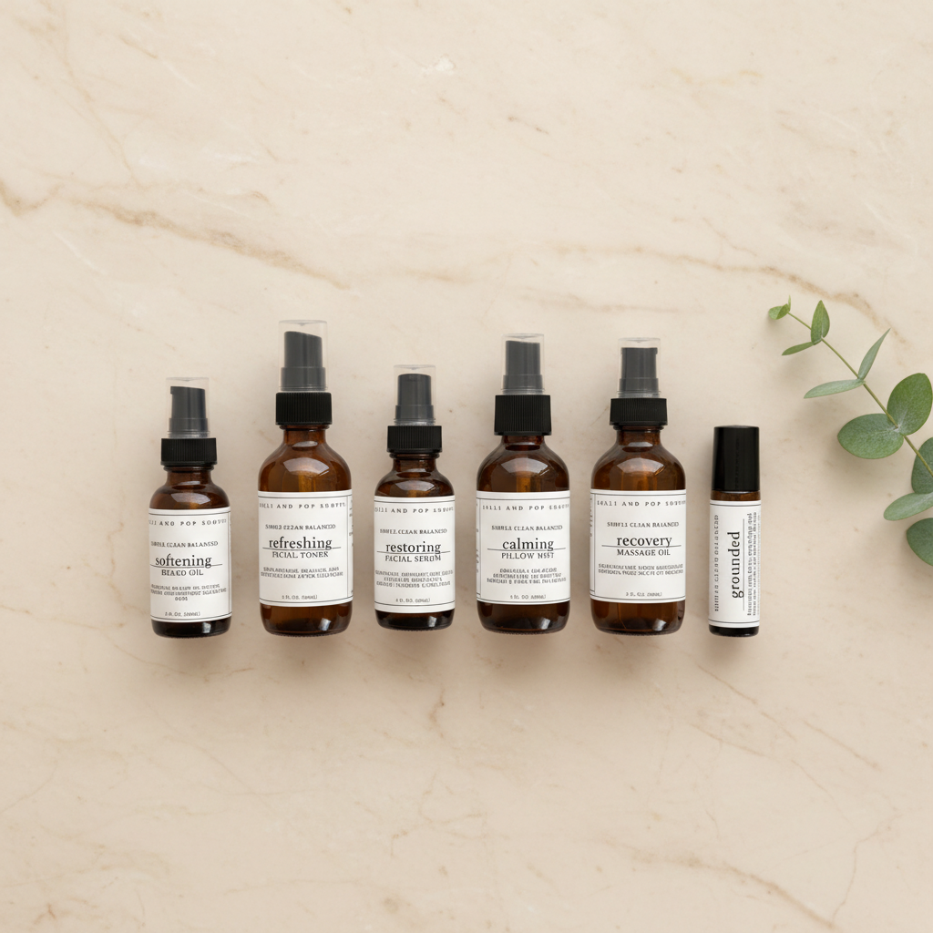 Set of six skincare bottles with labels on a beige background