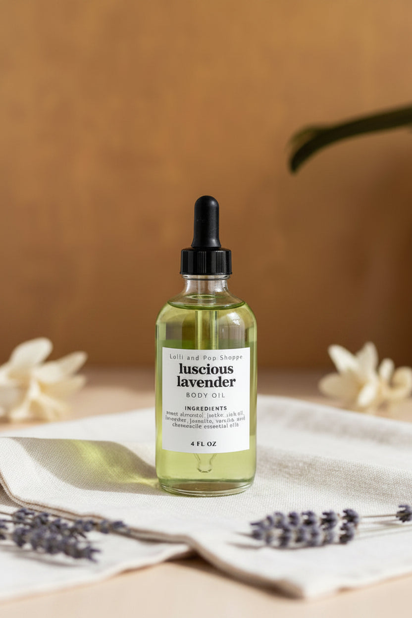 Bottle of luscious lavender body oil on a neutral background