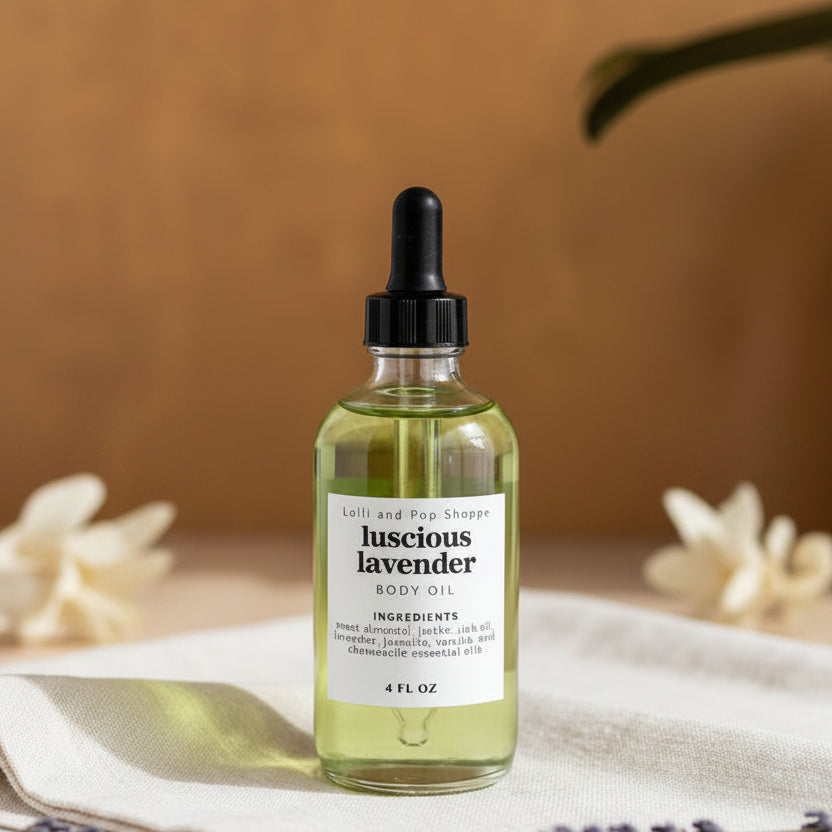 Bottle of luscious lavender body oil on a neutral background
