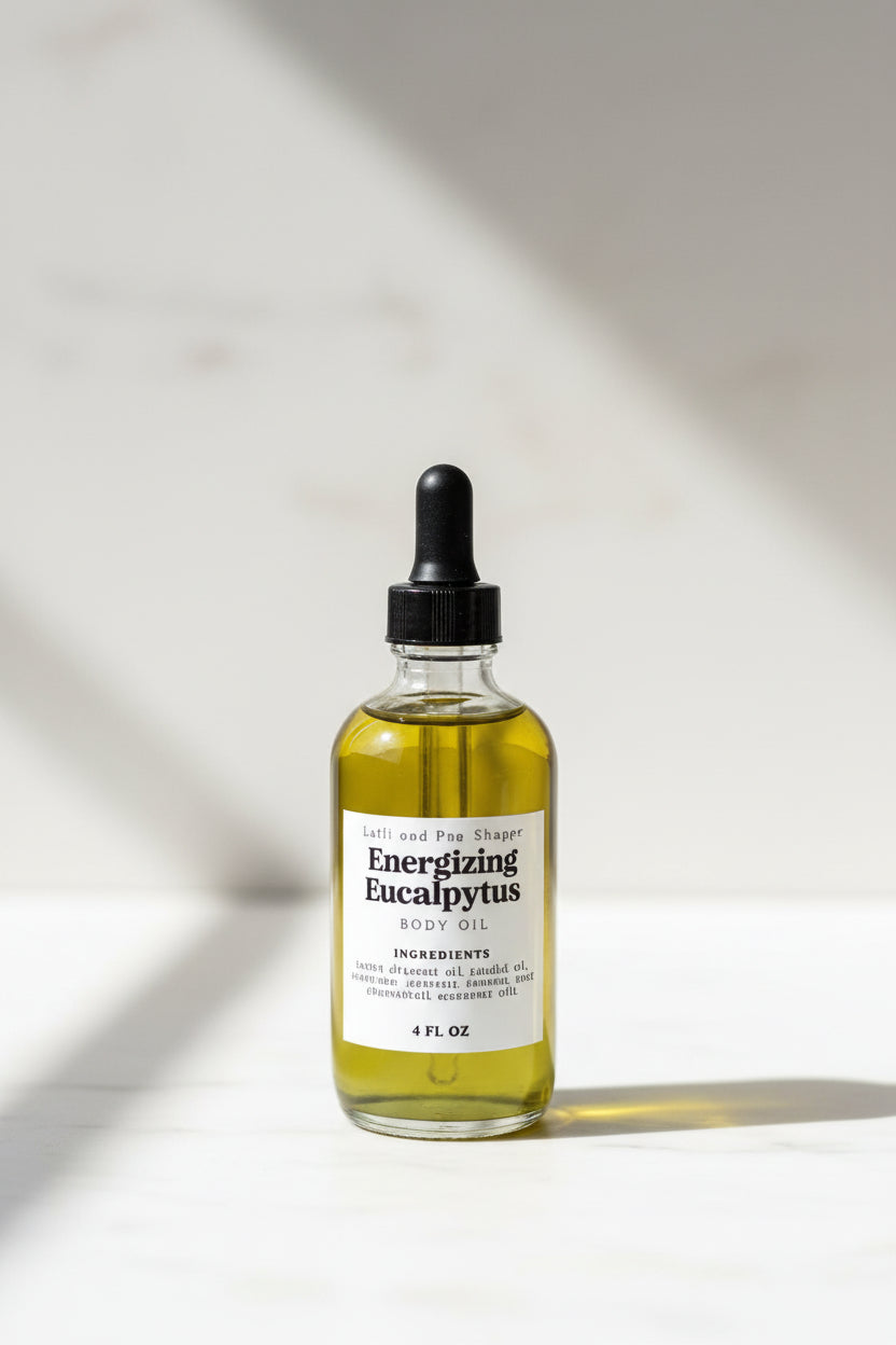 Set of skincare product bottles on a wooden surface with a dark background