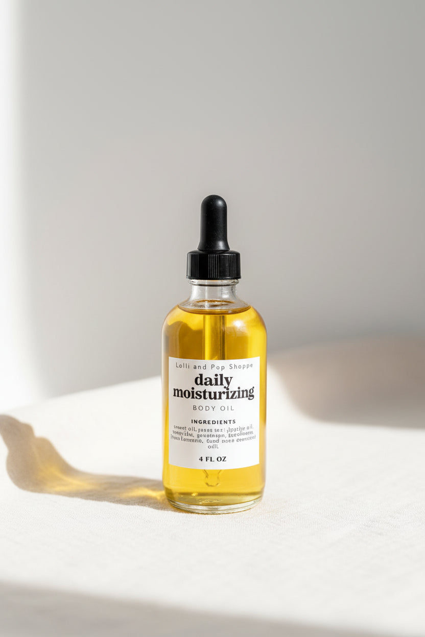 Set of skincare bottles on a tray with a white orchid in the background