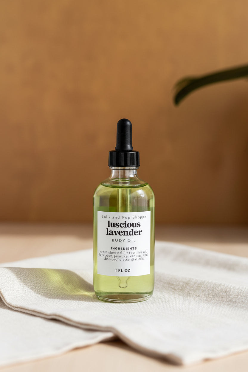 Set of skincare bottles on a tray with a white orchid in the background
