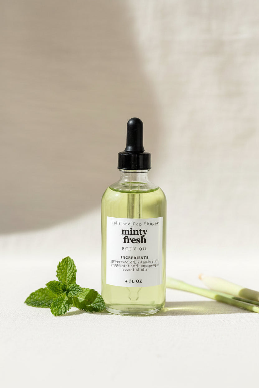 Bottle of minty fresh aloe oil with a dropper on a neutral background
