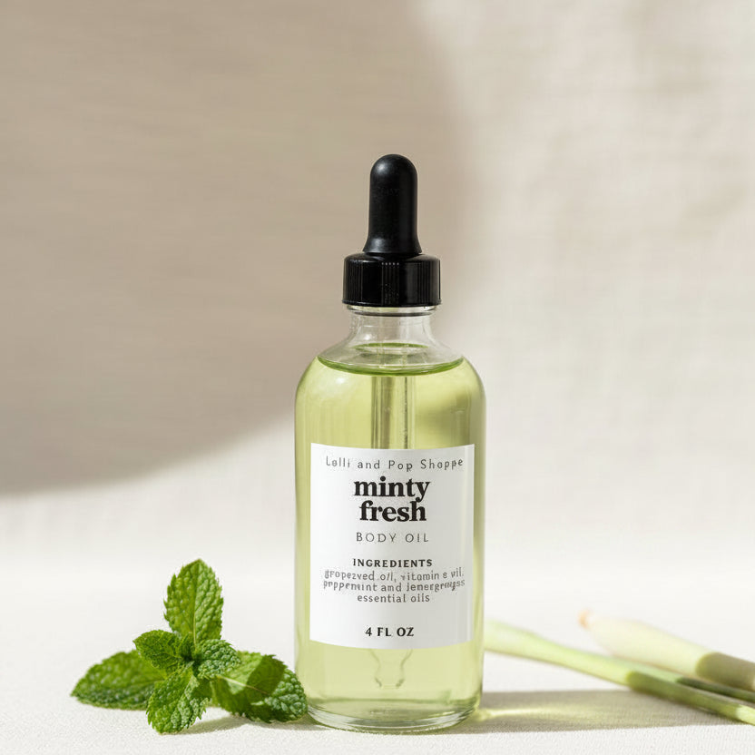 Bottle of minty fresh aloe oil with a dropper on a neutral background