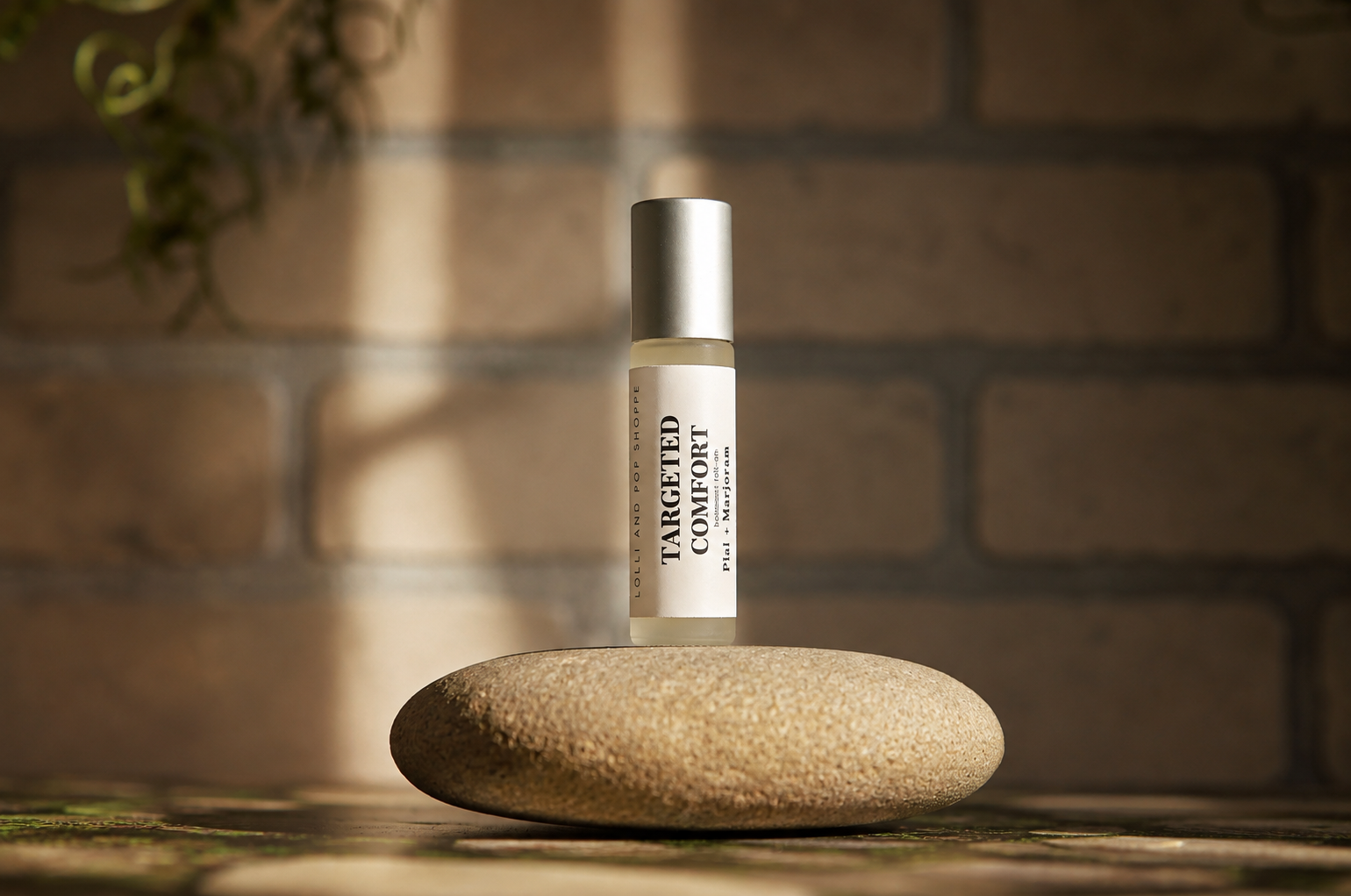 A small cylindrical bottle labeled TARGETED COMFORT stands upright on a smooth round stone against a blurred brick wall background with warm sunlight and shadows.