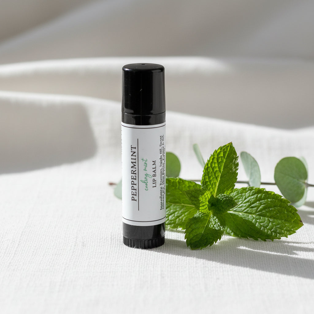 Hand holding a peppermint lip balm with a blurred background of a wooden table and rug.