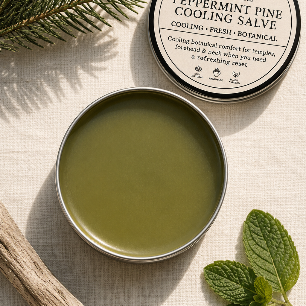 Open tin of green Peppermint Pine Cooling Salve
