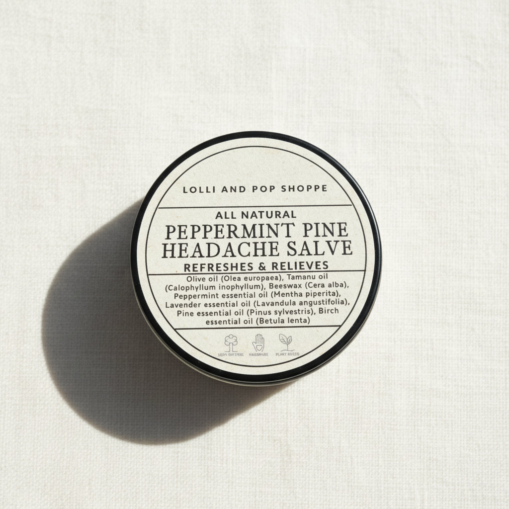 tin with label of peppermint pine headache salve
