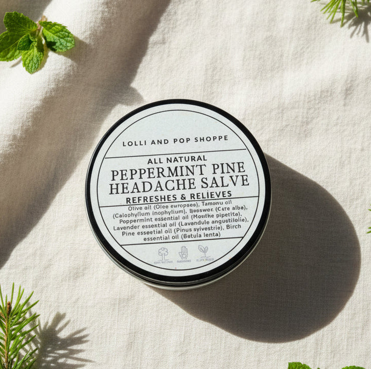 All natural peppermint pine headache salve container on a light fabric background with greenery.