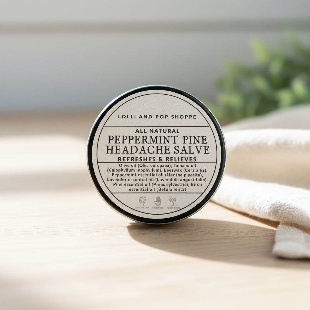 Peppermint pine headache salve container with label on a wooden surface