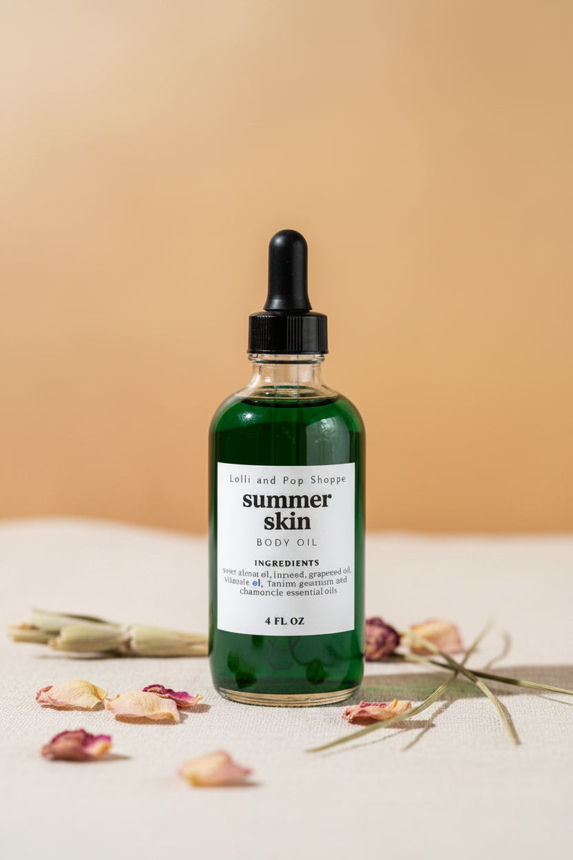 Bottle of 'summer skin' body oil with a dropper on a beige background