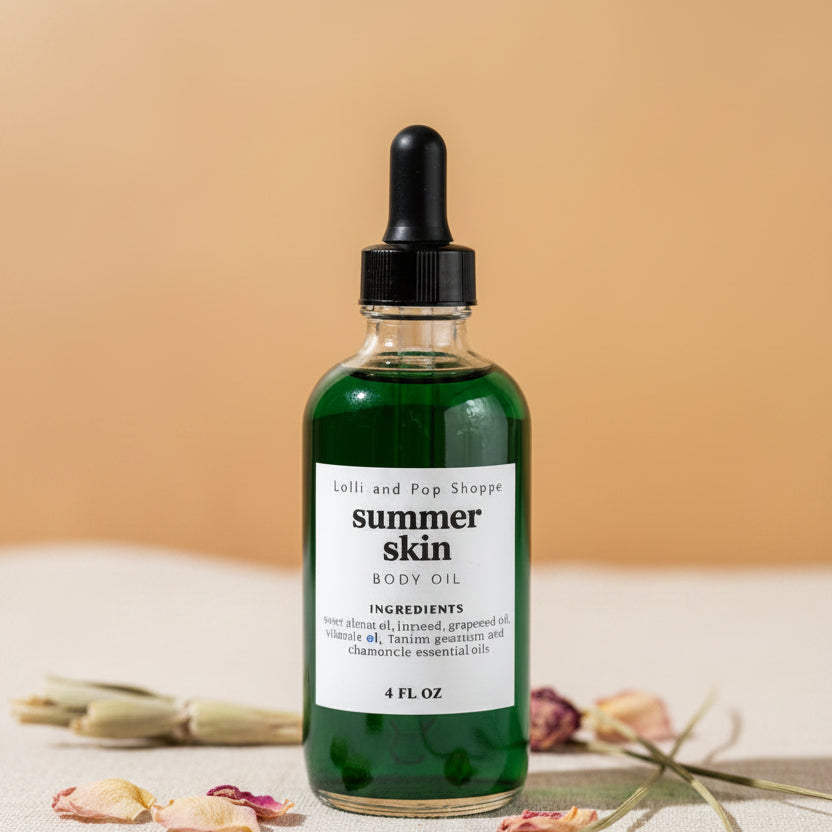 Bottle of 'summer skin' body oil with a dropper on a beige background