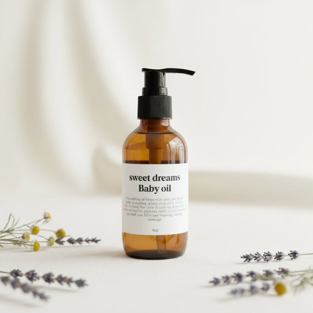 Bottle of 'sweet dreams' baby oil on a light background