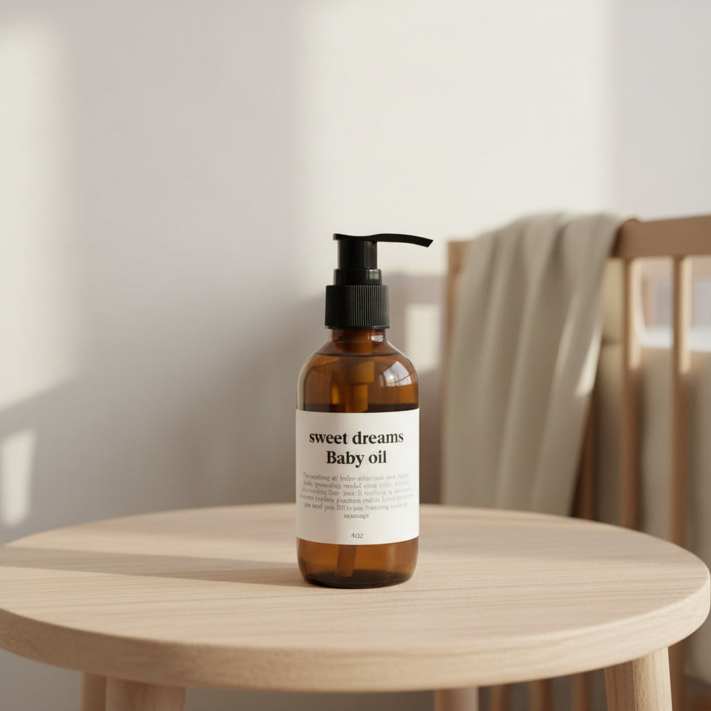 Bottle of 'sweet dreams' baby oil on a light background