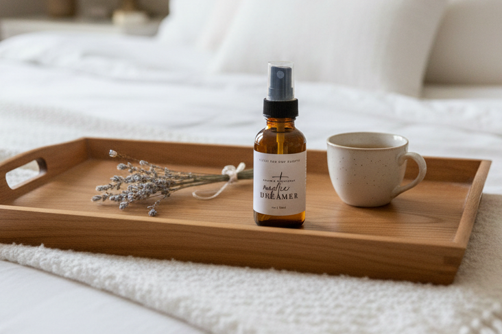 Bottle of essential oil spray on a wooden tray with a cup and lavender on a white surface
