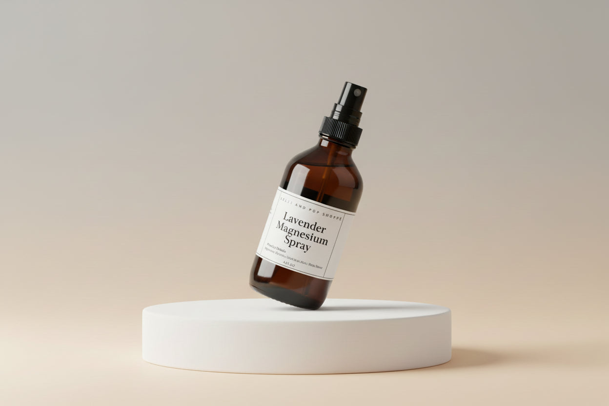 A bottle of Magnesium Spray with a label that reads 'Handcrafted Shoppe', followed by the scent name 'Eucalyptus'. The background features a smaller bottle labeled 'Less is More - Craft Cream' and a spray nozzle.